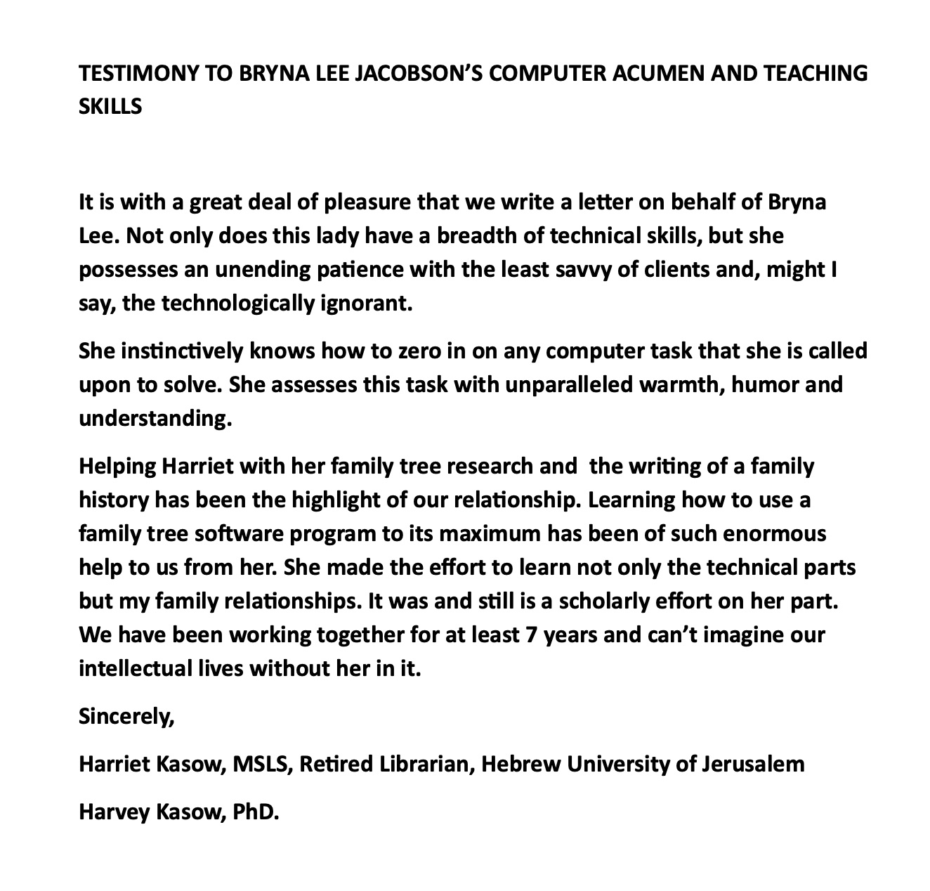 A thank-you letter from Harvey & Harriet Kasow.