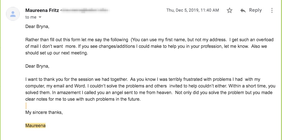 Maureena Fritz’s testimonial for My Tech Tutor.
